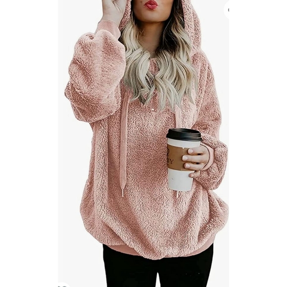 Tops - Pink Fuzzy Hoodie Pullover Sweatshirt